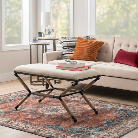 Linon Winther X Frame Bench or Ottoman, Rope Wrapped Metal Legs with Natural Linen Fabric