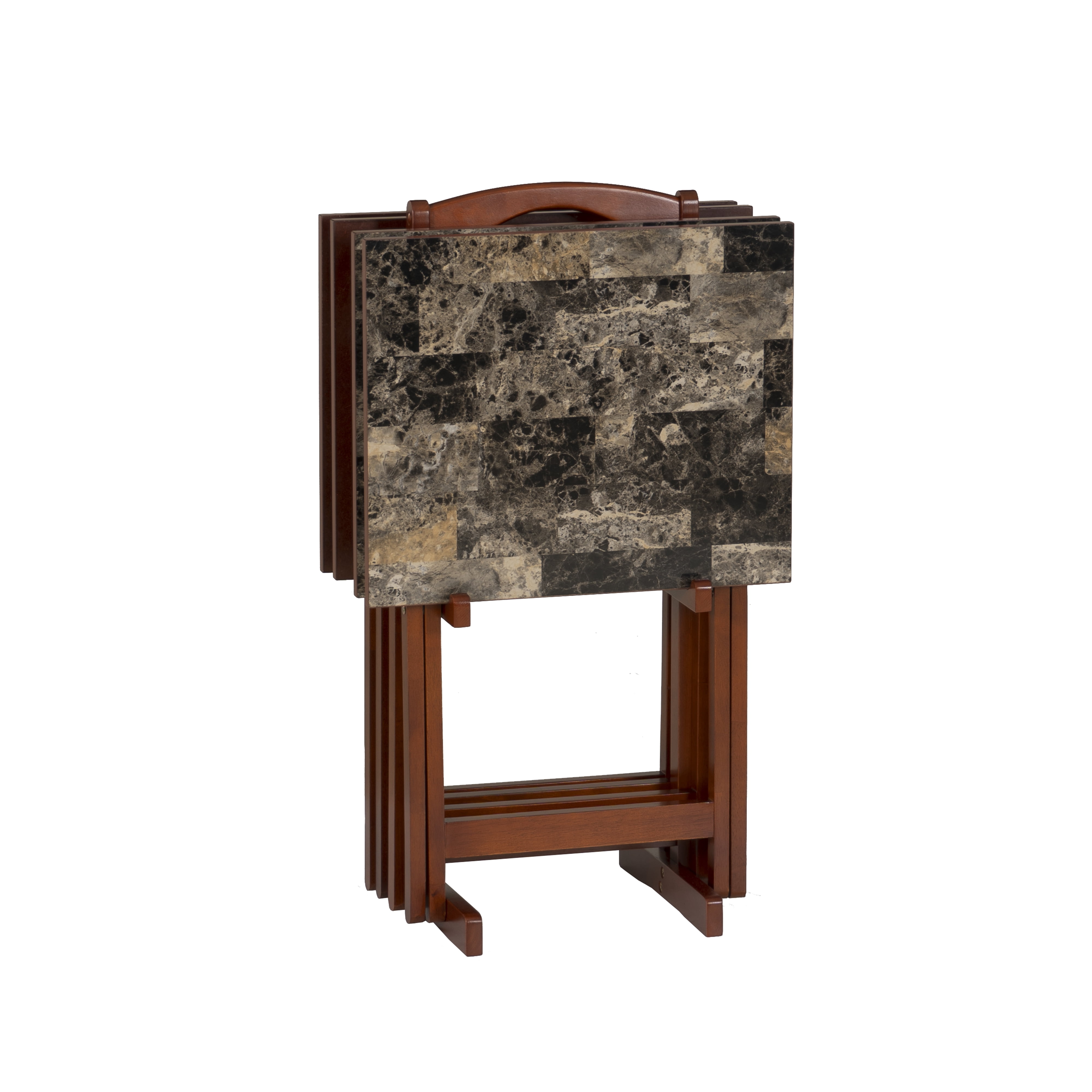 Classic Faux Marble Top Brown Wood 5-Piece Tray Table Set