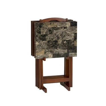 Linon Wood Five Piece Folding Tray Table Set with Stand in Brown Faux Marble