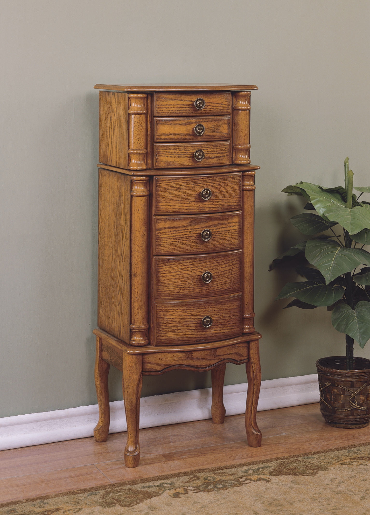 Distressed Oak Jewelry Armoire with Mirror and Black Lining