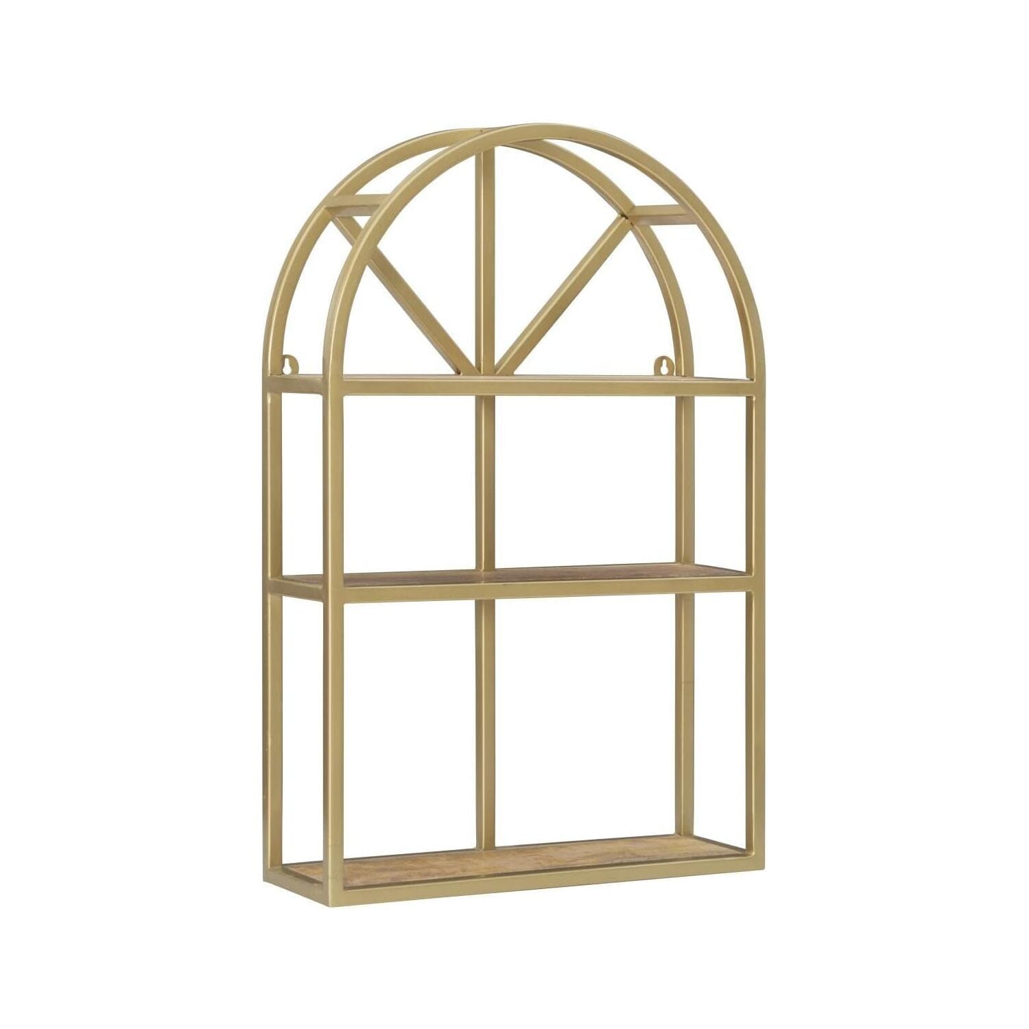 Arched Window-Inspired Gold & Natural Mango Wood Wall Shelf