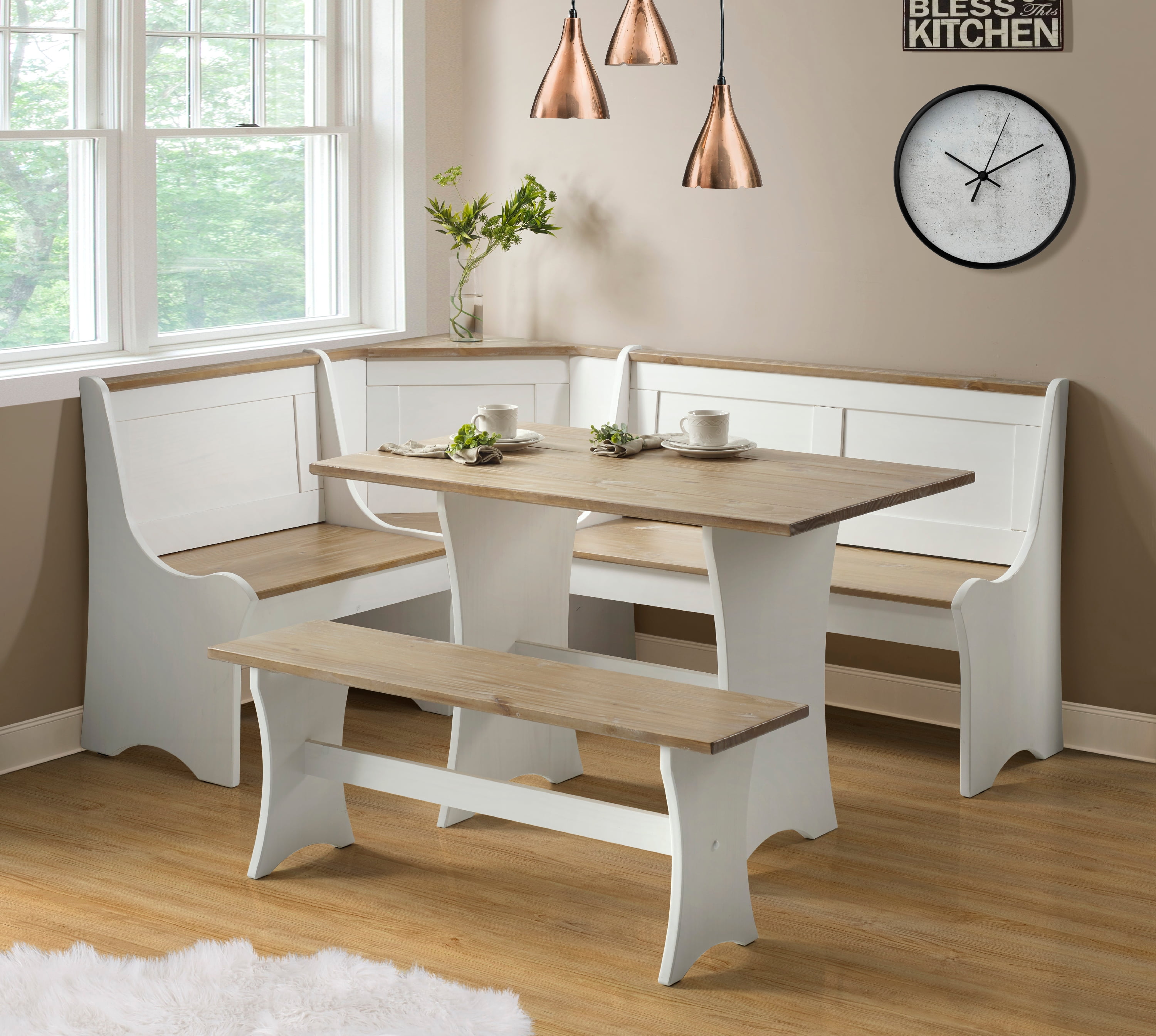 3 Pc. Kitchen Nook Breakfast Set Dining Table w/Corner & Bench Natural &  White