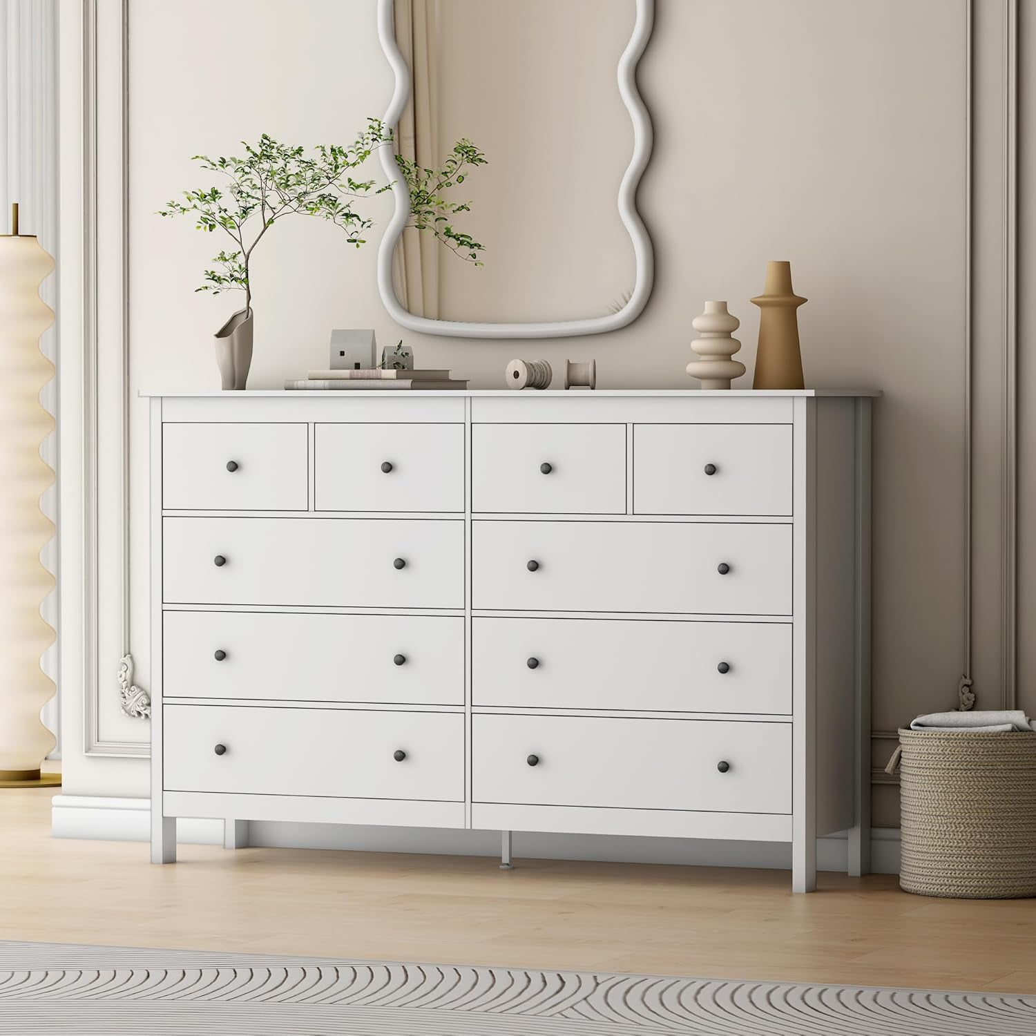 Modern White 55" Wooden 10-Drawer Wide Dresser