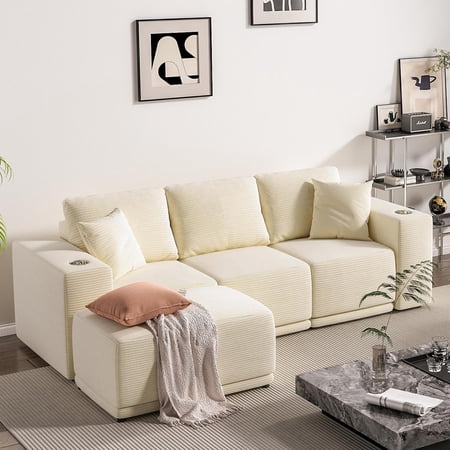 Pipleo 101" Modular Sectional Sofa, 3 Seats L Shaped Couch for Living Room, Modern Sectional Corduroy Sofa with Deep Seats, Living Room Furniture Set (White, 101.9" L-Shape)
