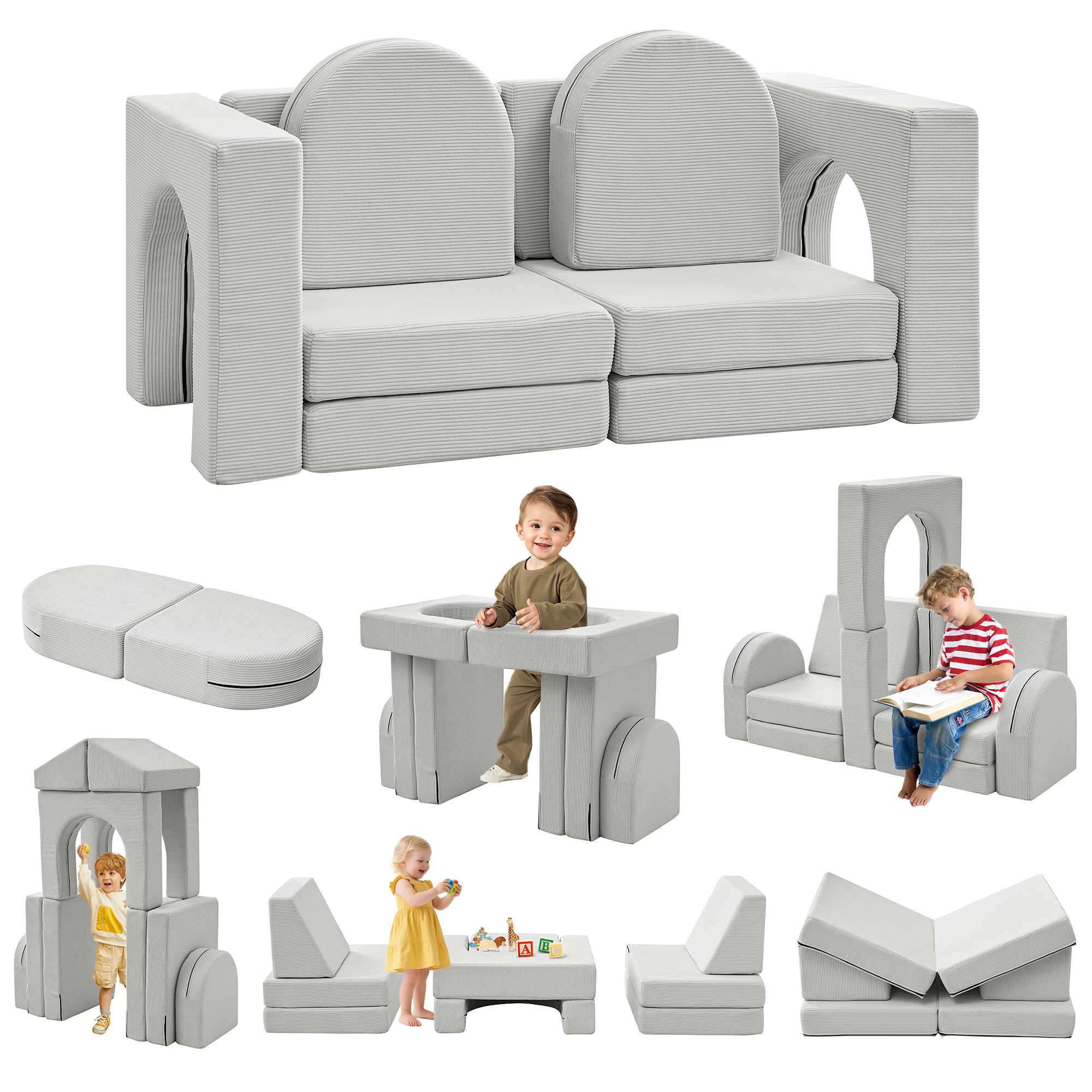Linor 10PCS Modular Kids Play Couch, Kids Couch with Climbing Slope, Toddler Couch for Playing, Creating, Sleeping, Indoor Kids Sofa for Boys and Girls, Gray