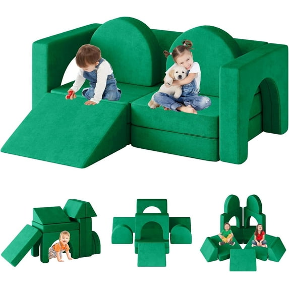 Linor 10PCS Modular Kids Play Couch, Kids Couch with Climbing Slope, Toddler Couch for Playing, Creating, Sleeping, Indoor Kids Sofa for Boys and Girls, Green