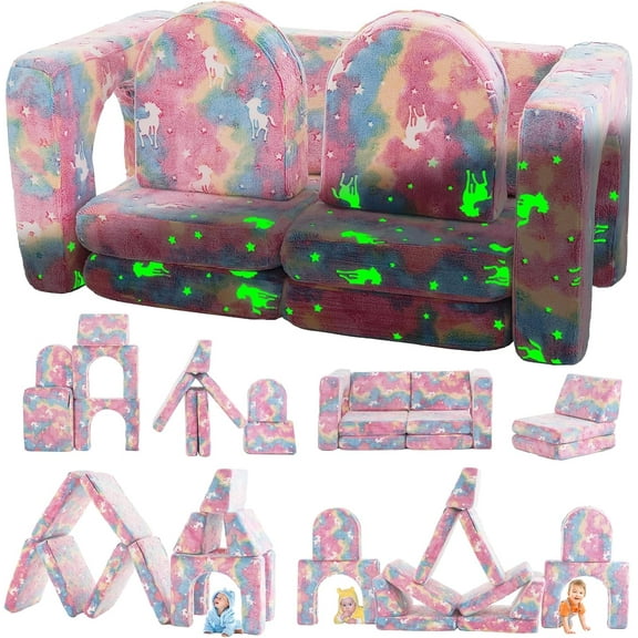 Linor 10PCS Modular Kids Play Couch, Kids Couch with Climbing Slope, Toddler Couch for Playing, Creating, Sleeping, Indoor Kids Sofa for Boys and Girls, Pink