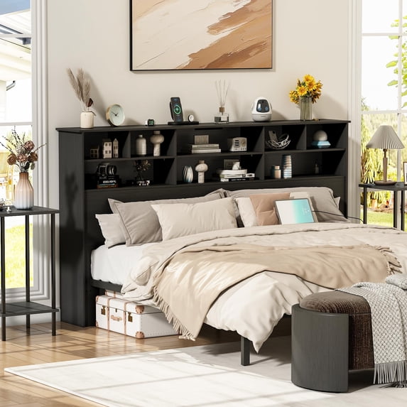 Akaber 2 Tier Wood Bookcase Headboard for King Size Beds, Modern Bed Headboards & Footboards, Black