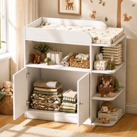 Linor Baby Changing Table, Multifunctional Nursery with 4 Open Shelves & Double-Door Cabinet, Storage Organizer for Nursery