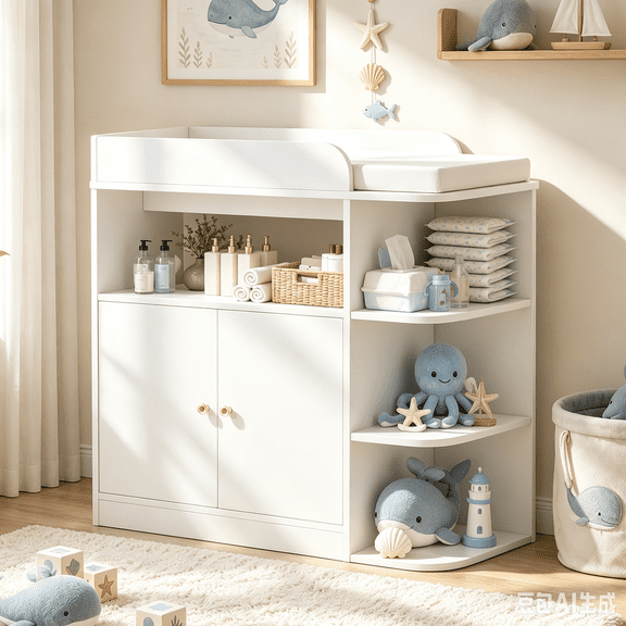 Linor Baby Changing Table Dresser, Multifunctional Nursery Dresser with 4 Open Shelves & Double-Door Cabinet, Storage Organizer for Nursery