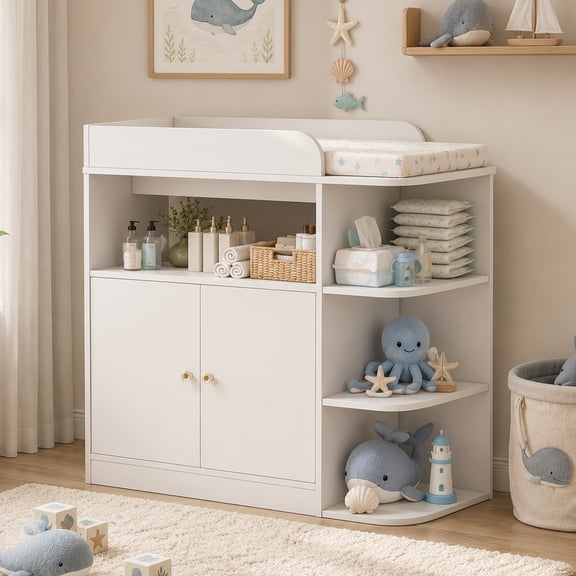 Linor Baby Changing Table Dresser, Multifunctional Nursery Dresser with 4 Open Shelves & Double-Door Cabinet, Storage Organizer for Nursery