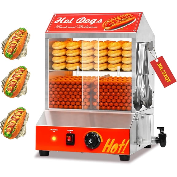 Akaber 32QT Hot Dog Steamer with Sliding Door and Clip, 2-Tier for 175 Hotdogs and 40 Buns, 32℉-185℉ Temp Control, 1000W