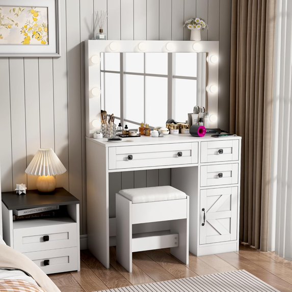 Linor 35.4" Makeup Vanity Desk with Mirror, Lights, and Chair, Farmhouse White Rustic Vanity Desk, Easily Assembled 3 Color Lighting Mode Makeup Vanity for Women, Wooden Top