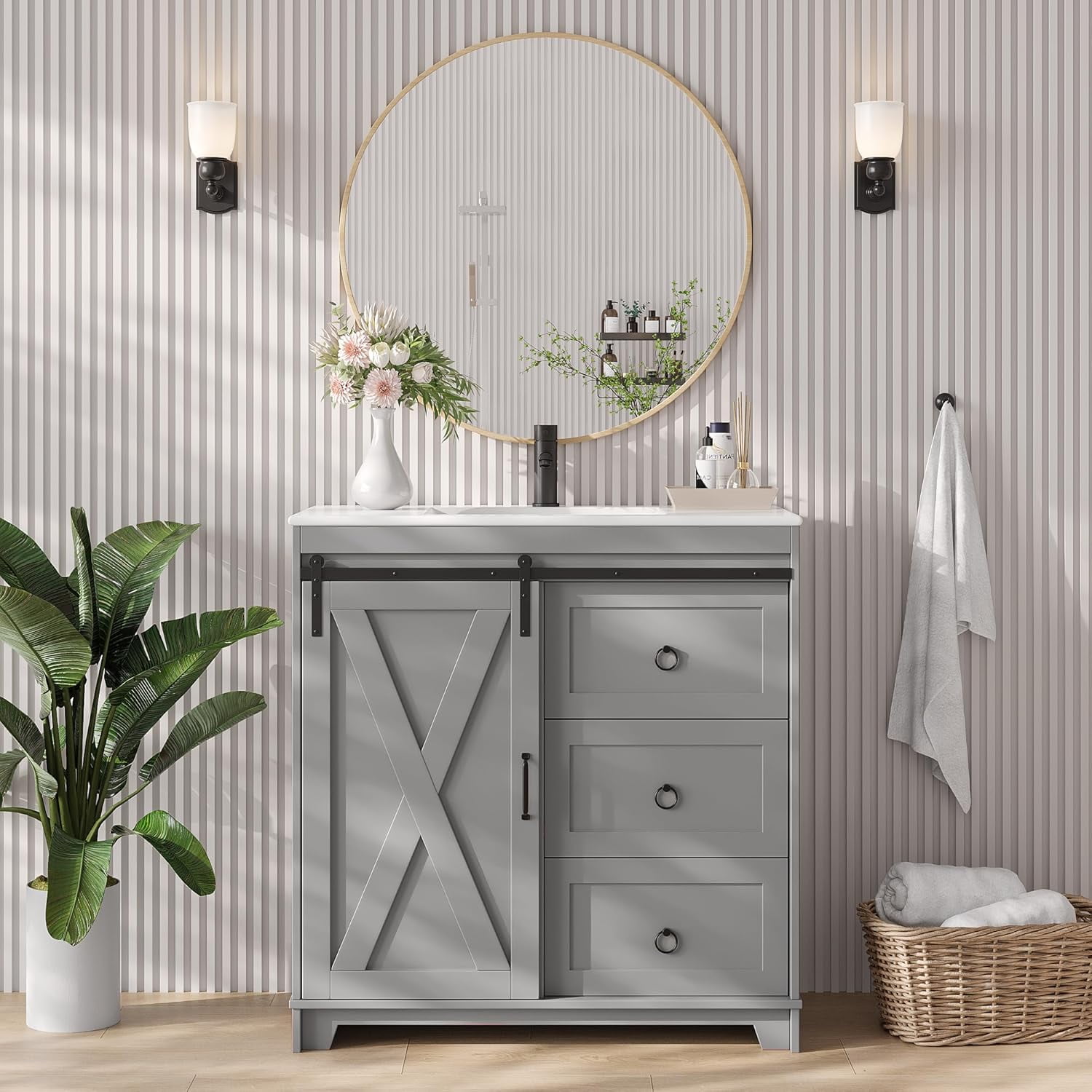 Linor 36" Bathroom Vanity with Sink Combo Set, Sliding Door Farmhouse ...