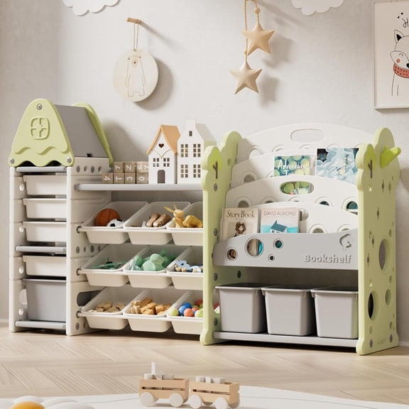 Linor 4-Tier Large Toddler Castle-Themed Stackable Toy Storage Organizer, 17-Count, Green