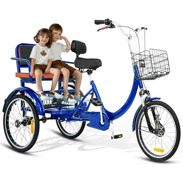 Linor Adult Tricycle with Rear Seats, 20" 3-Wheel, Front and Rear Baskets, Trike for Seniors, Blue