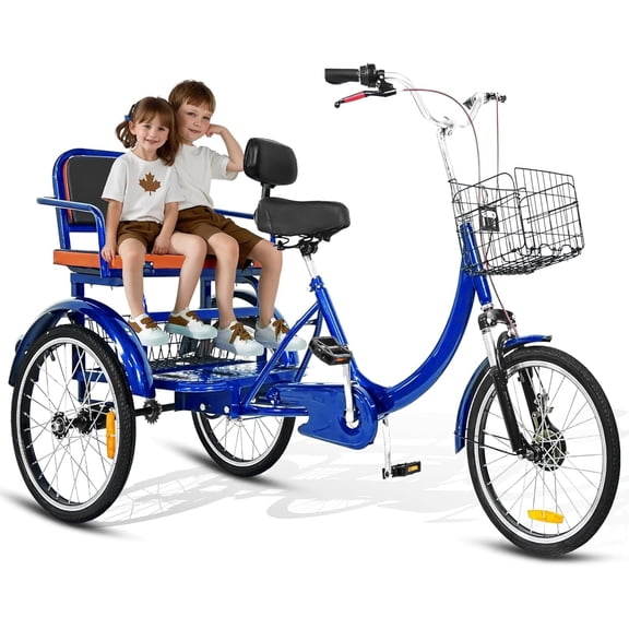 Akaber Adult Tricycle with Rear Seats, 20" 3-Wheel, Front and Rear Baskets, Trike for Seniors, Blue