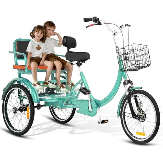 Linor Adult Tricycle with Rear Seats, 20" 3-Wheel, Front and Rear Baskets, Trike for Seniors, Green