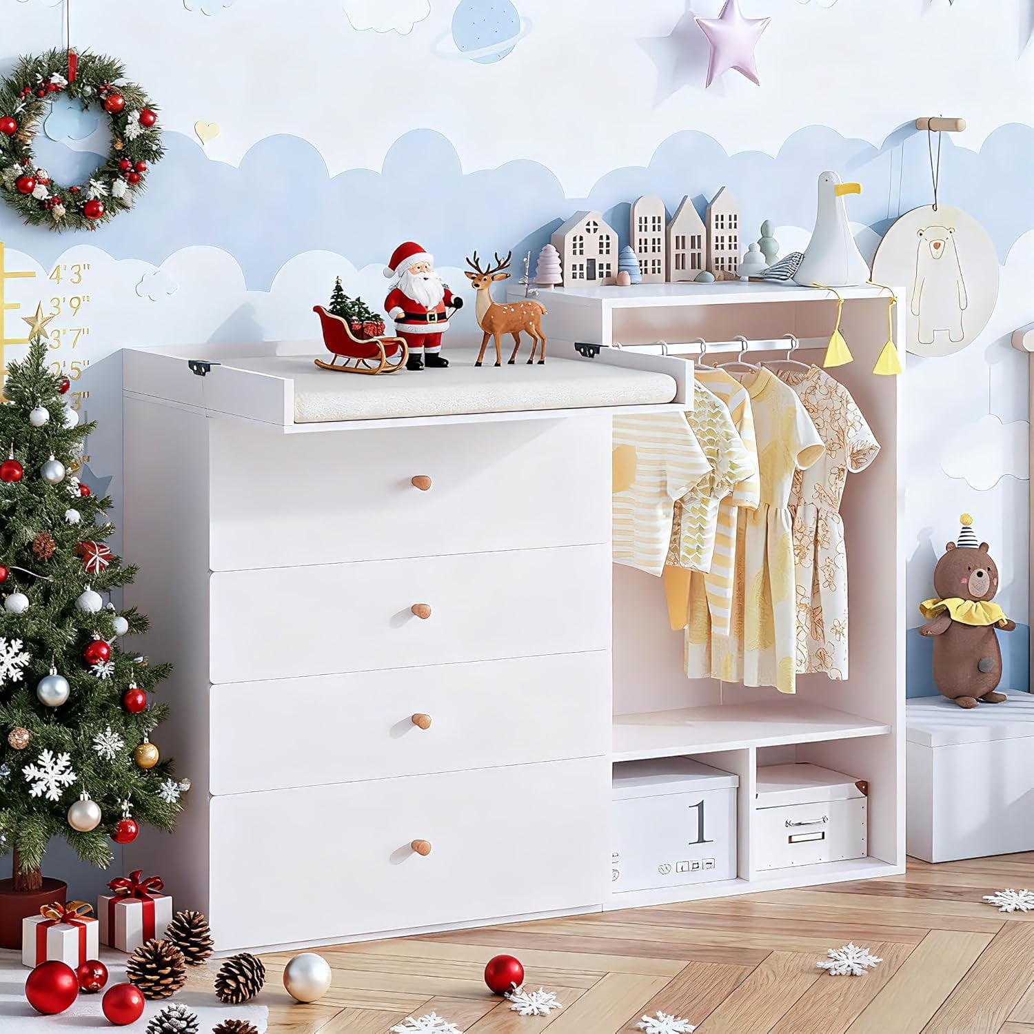 Linor Baby Changing Table Dresser, 59.1" Large Diaper Changing Station with Wide Top, 4 Drawers, Clothes Rack & Mirror, Modern Nursery Dresser, Nude Pink