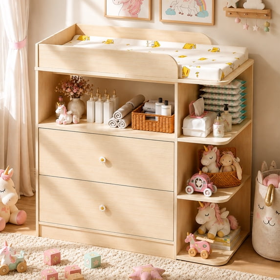 Linor Baby Changing Table Dresser with 2 Drawers, 4 Open Shelves, Anti-tip, and Storage Shelves, Sturdy, Easy-clean, Oak