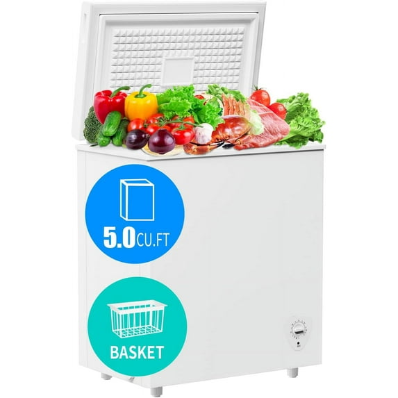 Linor Chest Freezer, 5.0 Cu.Ft Deep Freezer, Freestanding Freezer, Small Freezer Chest with 7 Level Adjustable Temperature, Top Open Door, Removable Storage Basket, Low Noise, Energy Saving (White)