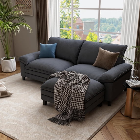 Linor Cloud Couch with Ottoman, Velvet and Wood Deep Seat Sectional Sofa, Deep Gray
