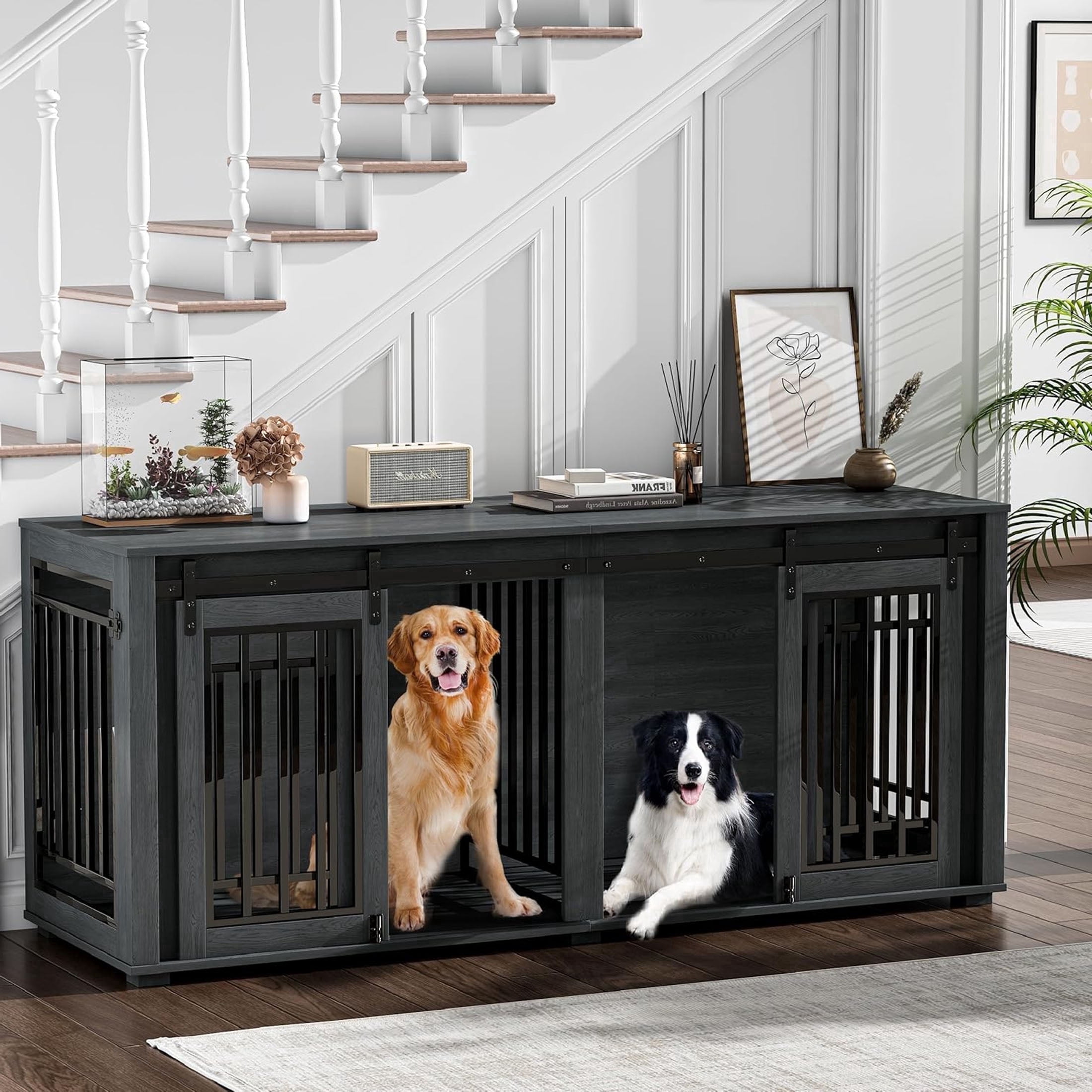 Dog Crate Furniture for 2 Dogs, Akaber 71" Large Dog Kennel Furniture, Steel Frame Dog Crate