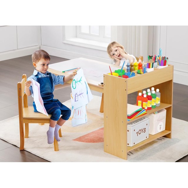 Linor Kids Art Table, Wooden Kids Craft Table for Playroom, Kids Activity Table with 2 Chairs, 4