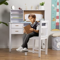 Linor Kids Desk and Chair Set, Wooden Study Table with Hutch, Drawer & Bulletin Board for children, Student Study Desks Computer Desk Art Desk for Bedroom Study Room (White)