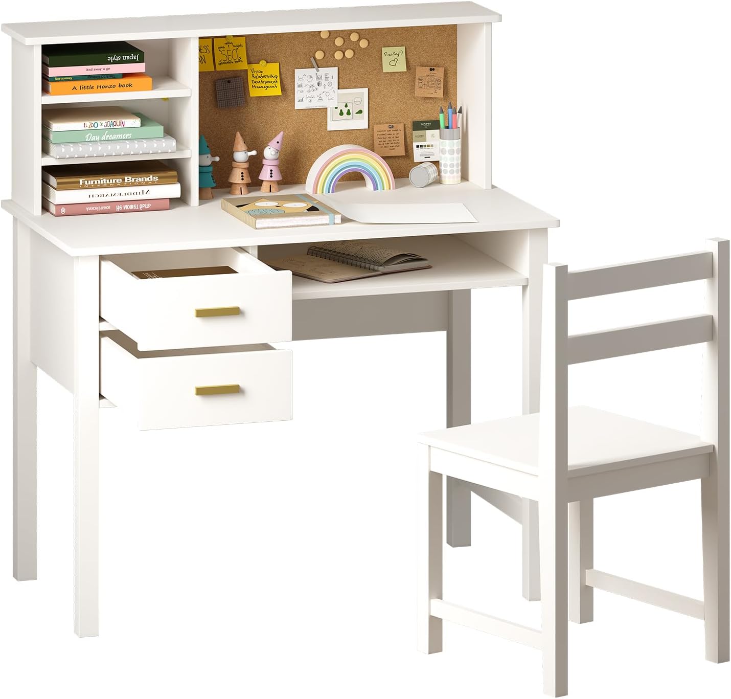 Linor Kids Desk and Chair Set Wooden Study Table with Hutch Drawer Bulletin Board White