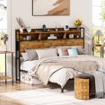 thumbnail image 1 of Akaber King Size 2 Tier Storage Headboard, Modern Headboard with 4 Outlets, 4 USB Ports, and LED Light, Brown, 1 of 6
