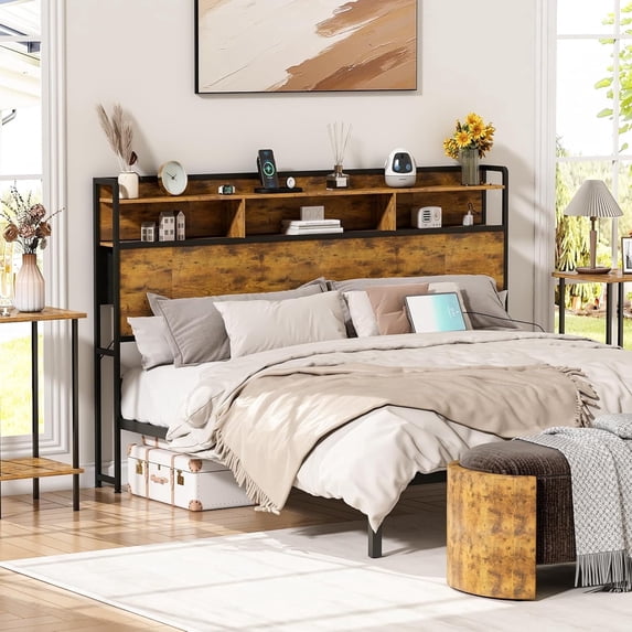 Akaber King Size 2 Tier Storage Headboard, Modern Headboard with 4 Outlets, 4 USB Ports, and LED Light, Brown