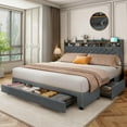 thumbnail image 1 of Akaber King-Size Upholstered Platform Bed Frame with 2-Tier Storage Headboard, 3 Drawers, USB Port, LED Lights, Gray, 1 of 8