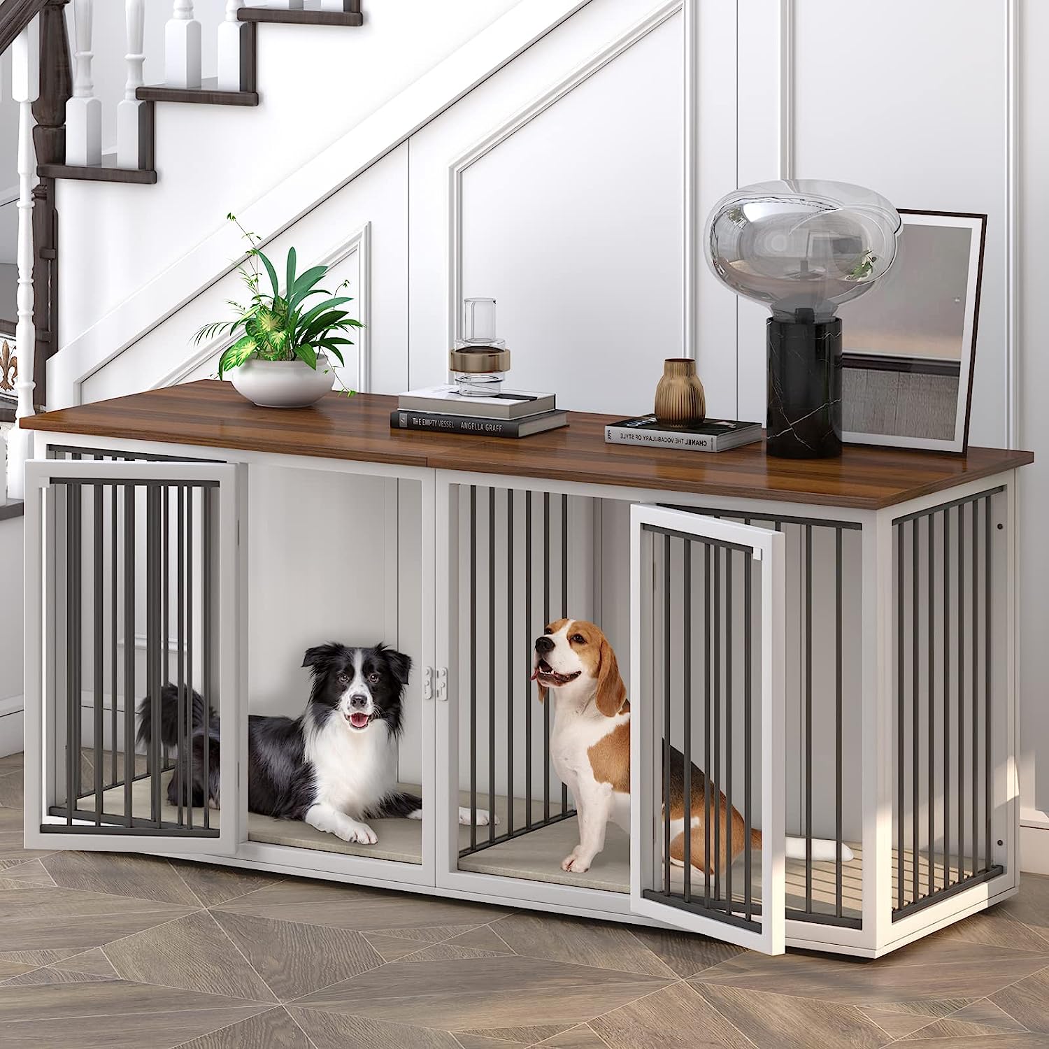 DAWNSPACES Large Dog Crate Furniture with Drawers, Wood Dog Kennel with