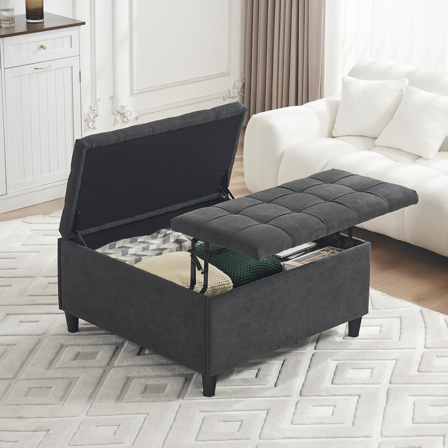 Linor Large Square Storage Ottoman, 35" Coffee Table Ottoman with Lift