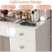 Linor Modern Adult Vanity Desk Set with Mirror, 14 LED Lights, 11 Drawers, Glass Top, White