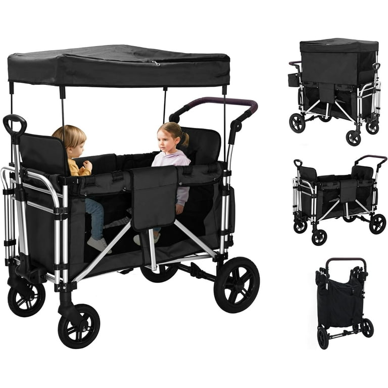 Linor Collapsible Stroller Wagon for 2 Kids High Seat 5 Point Harness Adjustable Canopy Foldable Rod Walmart
