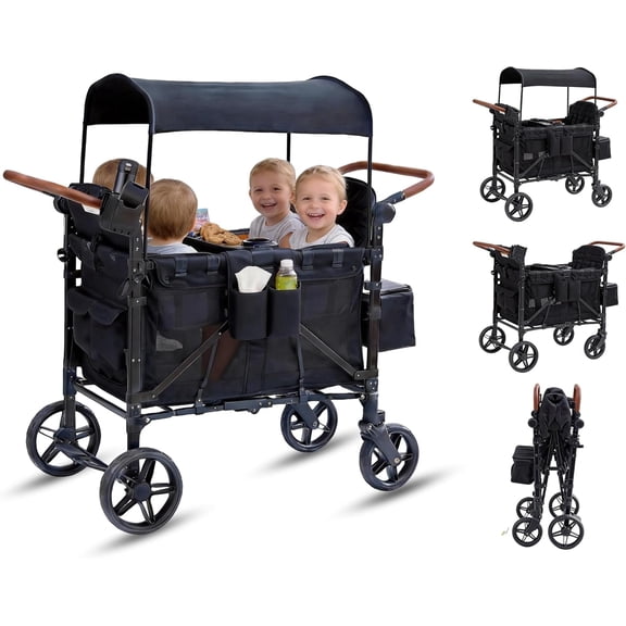 4-Seater Wagon Stroller for Kids, Linor All-Terrain Folding Wagon with Adjustable Push Handles, Removable Canopy, Snack Tray, Large Storage Bag & Phone Holder