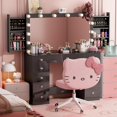 thumbnail image 1 of Linor Vanity Desk with Power Outlet, Makeup Vanity with Mirror and 14 LED Light, 3 Lighting Modes,11 Drawer Vanity Table with Sliding Jewelry Storage, Glass Top, Specular Surface, Black, 1 of 8