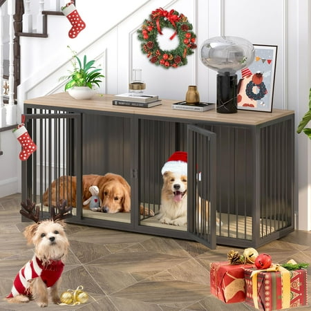 Linor Wooden Large Dog Crate Furniture for 2 Dogs with 2-Door, 71.6 in, Black