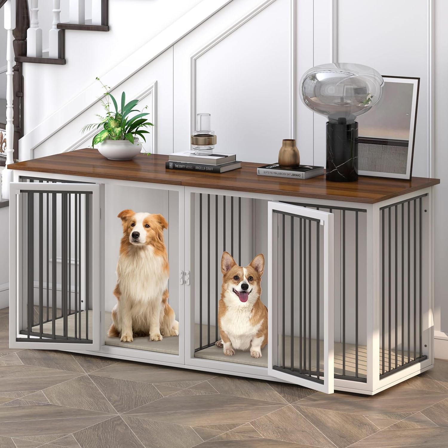 White Wooden Large Dog Crate Furniture with Double Doors