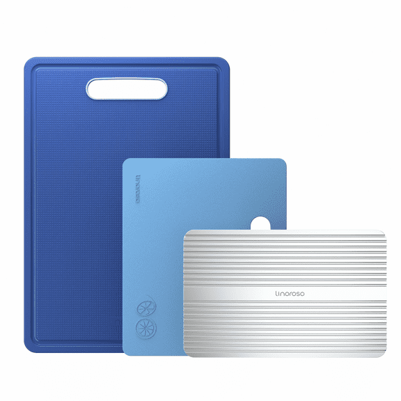 Linoroso Cutting Boards Set for Kitchen Included Defrosting Tray for Frozen Meat, Plastic Cutting Board Dishwasher Safe - Classic Blue