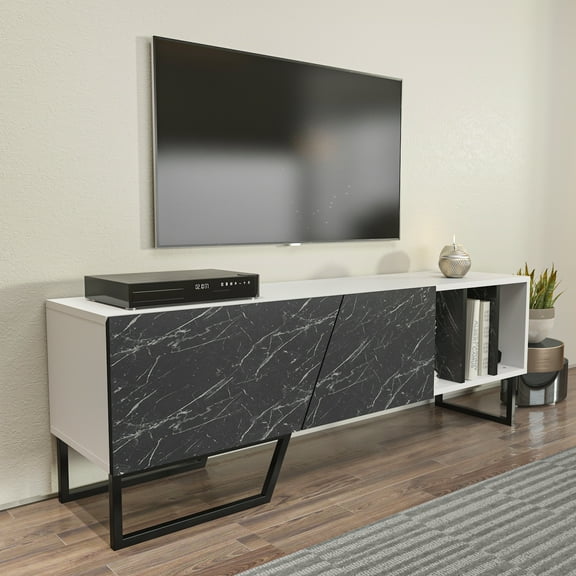 Linossa 60'' Modern TV Stand Wood Console Table Entertainment Unit with Metal Leg for 70'' TVs Marble Black Finish
