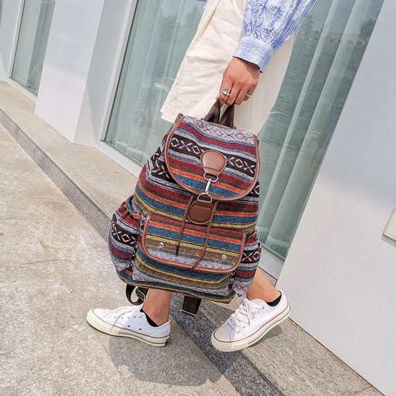 LinqiVintage Backpack for Women, Boho Casual Backpack Purse, Unique Ethnic Style Handbag & Shoulder Bag, Blue