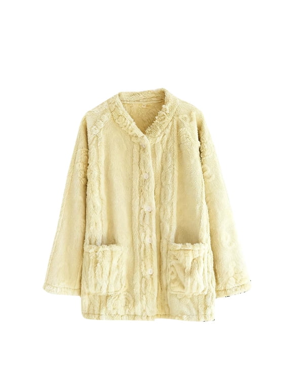 Women's Fleece Bed Jacket, Soft Warm Button Down Long Sleeve Sleep Jacket with Pockets, Cozy Loungewear Top