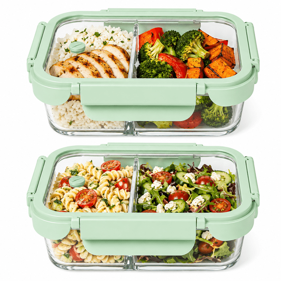 Linqz 2-Pack 650ml Glass Food Storage Containers with Lids, 2-Compartment Meal Prep Lunch Boxes, Leak-Resistant Snap Lock Design for Lunch, Leftovers and Food Storage, Green