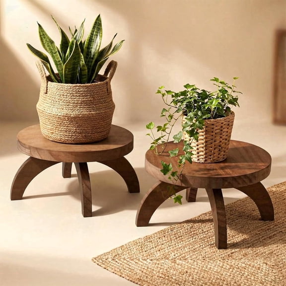 Linqz 2-Pack Short Plant Pedestal Stool, Rustic Farmhouse Round Low Wood Riser for Indoor Outdoor Flower Display, Rustic Color