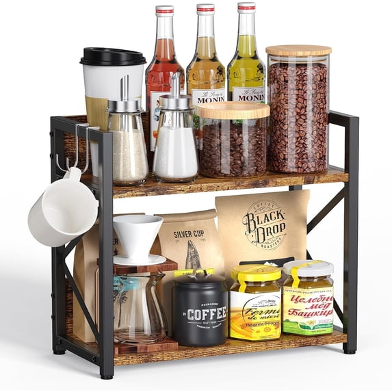 Linqz 2-Tier Kitchen Counter Shelf Organizer, Multifunctional Coffee Bar Station & Spice Rack for Countertop, Rustic Brown