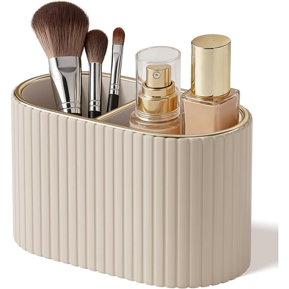 Linqz Oval PU Leather Makeup Brush Holder Organizer with Divider, Cosmetic Desktop Storage Caddy for Bathroom Vanity & Dressing Table, Mocha Beige