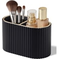 thumbnail image 1 of Linqz Oval PU Leather Makeup Brush Holder Organizer with Divider, Cosmetic Desktop Storage Caddy for Bathroom Vanity & Dressing Table, Mocha Beige, 1 of 9